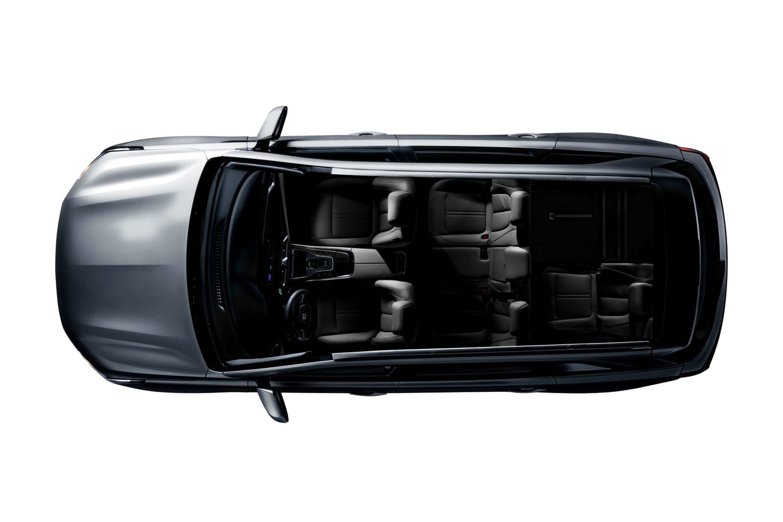 La DFSK E5 PHEV vista dall’alto, senza tetto: l’abitacolo con le tre file di sedili
